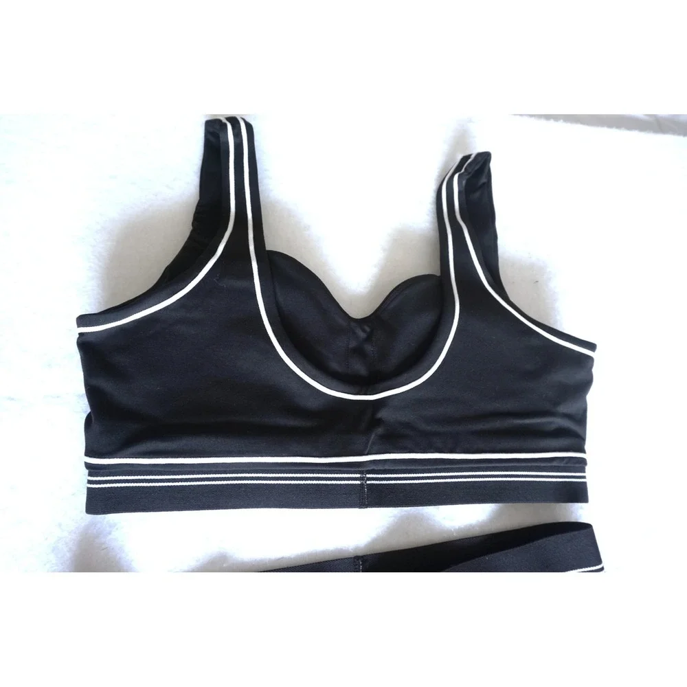 Alo Yoga Womens 2 Piece Set Sports Bra and Leggings Black White Piping XL